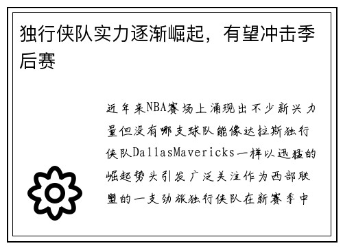 独行侠队实力逐渐崛起，有望冲击季后赛