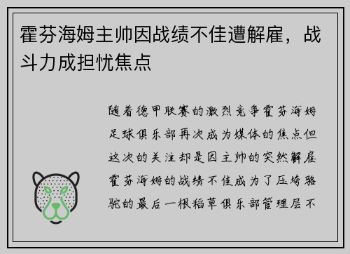 霍芬海姆主帅因战绩不佳遭解雇，战斗力成担忧焦点