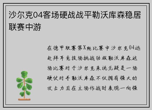 沙尔克04客场硬战战平勒沃库森稳居联赛中游