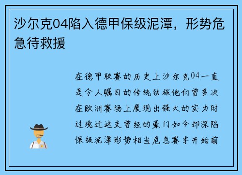 沙尔克04陷入德甲保级泥潭，形势危急待救援
